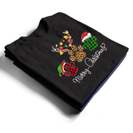 Merry Christmas Dog Paws Lights Buffalo Plaid & Leopard Xmas T Shirt