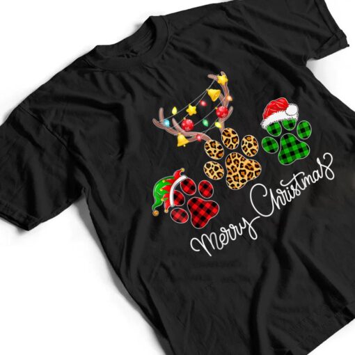Merry Christmas Dog Paws Lights Buffalo Plaid & Leopard Xmas T Shirt