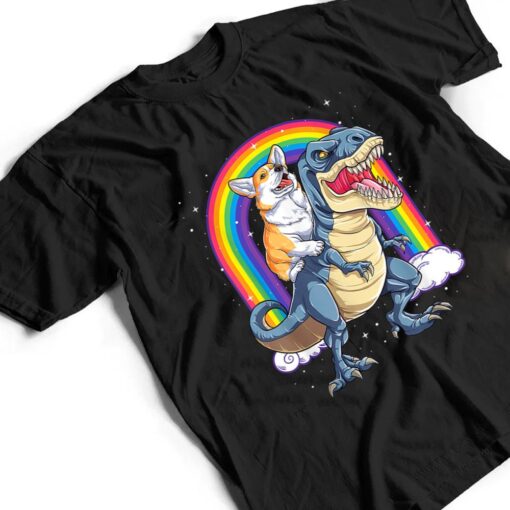 Rainbow Corgi Riding Dinosaur T rex Cute Corgi Dog T Shirt