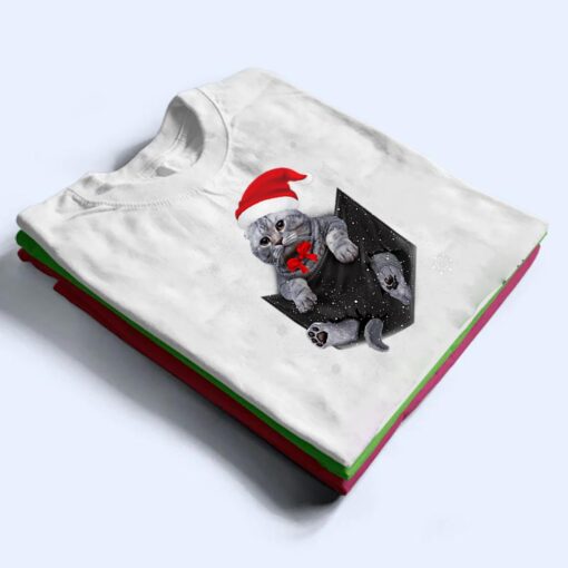 Scottish Fold Cat Pocket with Christmas Santa Hat T Shirt