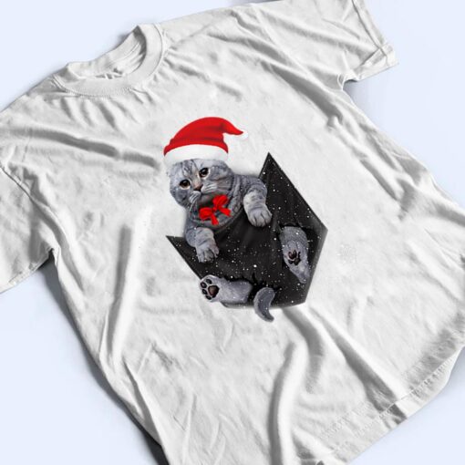 Scottish Fold Cat Pocket with Christmas Santa Hat T Shirt