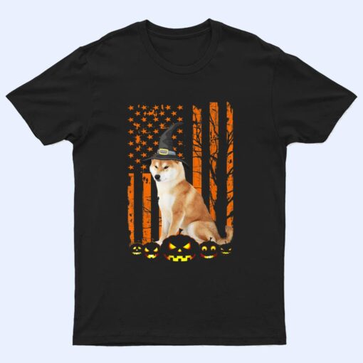 Shiba Inu Dog Pumpkin American Flag Vintage Halloween Witch T Shirt