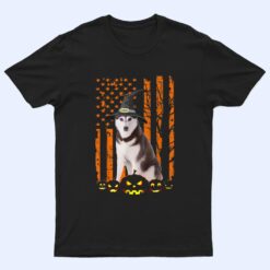Siberian Husky Dog Pumpkin American Flag Witch Halloween T Shirt