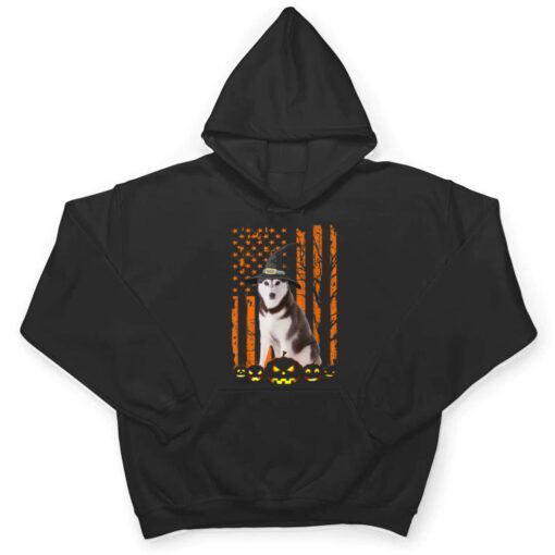 Siberian Husky Dog Pumpkin American Flag Witch Halloween T Shirt