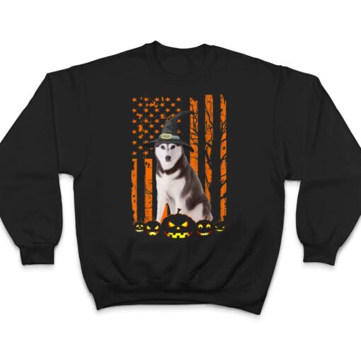 Siberian Husky Dog Pumpkin American Flag Witch Halloween T Shirt