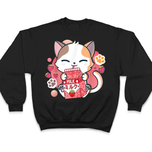 Strawberry Milk Cat Cute Kawaii Kitten Anime Gift Teen Girls T Shirt