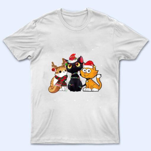 Three Cat Christmas Funny Kitty Santa Hat And Lights Gifts T Shirt