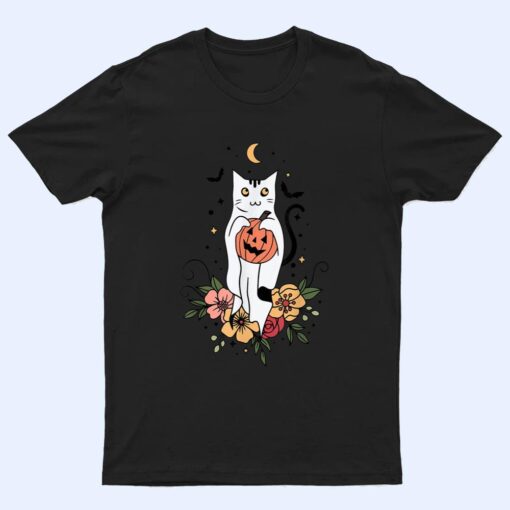 Vintage Floral Halloween Cat Ghost Pumpkin Auntum Women Kids T Shirt