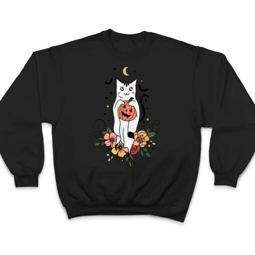 Vintage Floral Halloween Cat Ghost Pumpkin Auntum Women Kids T Shirt