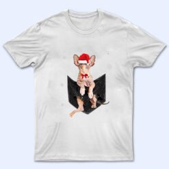 Winter Holiday Sphynx Cat Pocket with Christmas Santa Hat T Shirt