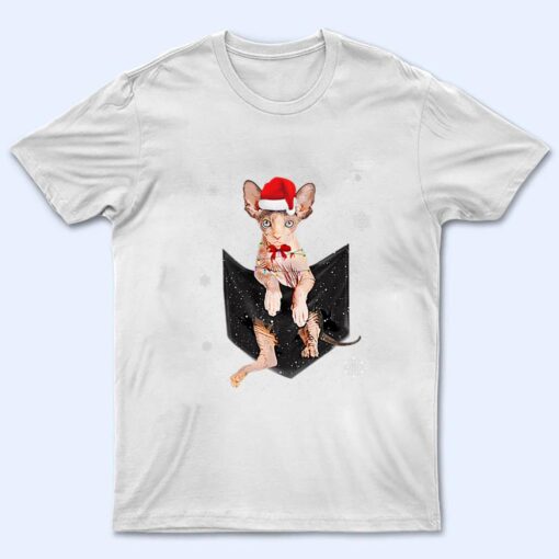 Winter Holiday Sphynx Cat Pocket with Christmas Santa Hat T Shirt