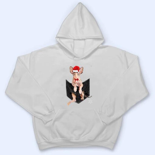 Winter Holiday Sphynx Cat Pocket with Christmas Santa Hat T Shirt