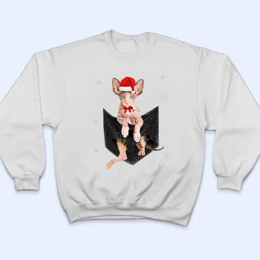 Winter Holiday Sphynx Cat Pocket with Christmas Santa Hat T Shirt